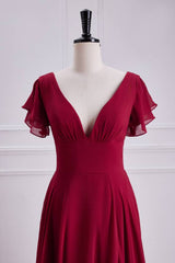 Red V-Neck Short Sleeves Chiffon Bridesmaid Dresses with Slit