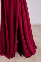 Red V-Neck Short Sleeves Chiffon Bridesmaid Dresses with Slit