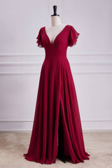 Red V-Neck Short Sleeves Chiffon Bridesmaid Dresses with Slit