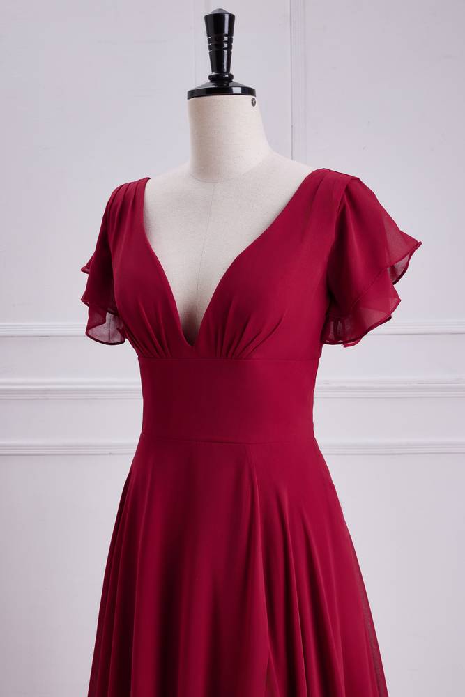 Red V-Neck Short Sleeves Chiffon Bridesmaid Dresses with Slit