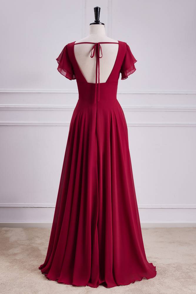 Red V-Neck Short Sleeves Chiffon Bridesmaid Dresses with Slit