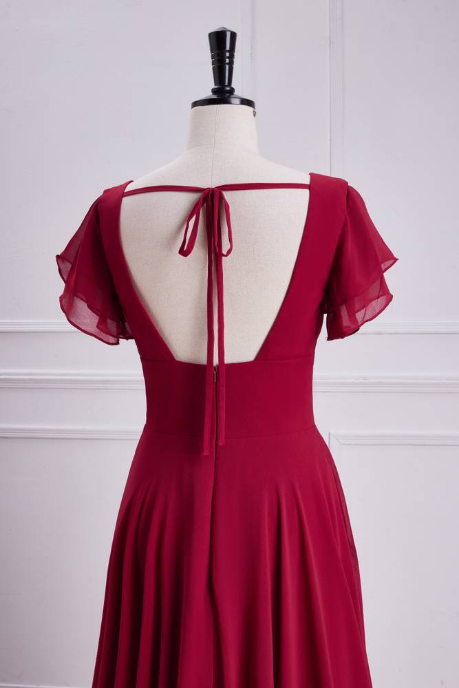 Red V-Neck Short Sleeves Chiffon Bridesmaid Dresses with Slit