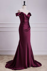 Burgundy Off-The-Shoulder V-Neck Satin Mermaid Prom Dresses