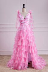 Pink V-Neck Sleeveless Tiered Floral Prom Dresses with Slit