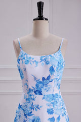Blue Scoop Neck Spaghetti Straps Chiffon Floral Prom Dresses