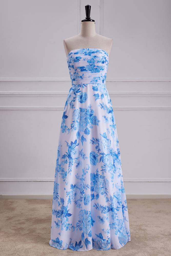 Blue A-Line Strapless Print Floral Chiffon Prom Dresses
