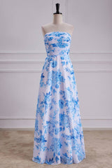 Blue A-Line Strapless Print Floral Chiffon Prom Dresses