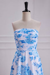 Blue A-Line Strapless Print Floral Chiffon Prom Dresses