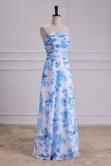 Blue A-Line Strapless Print Floral Chiffon Prom Dresses