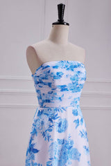 Blue A-Line Strapless Print Floral Chiffon Prom Dresses