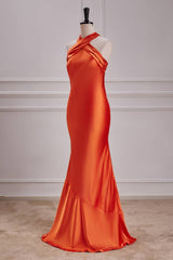 Orange Sleeveless Mermaid Satin Long Prom Dresses