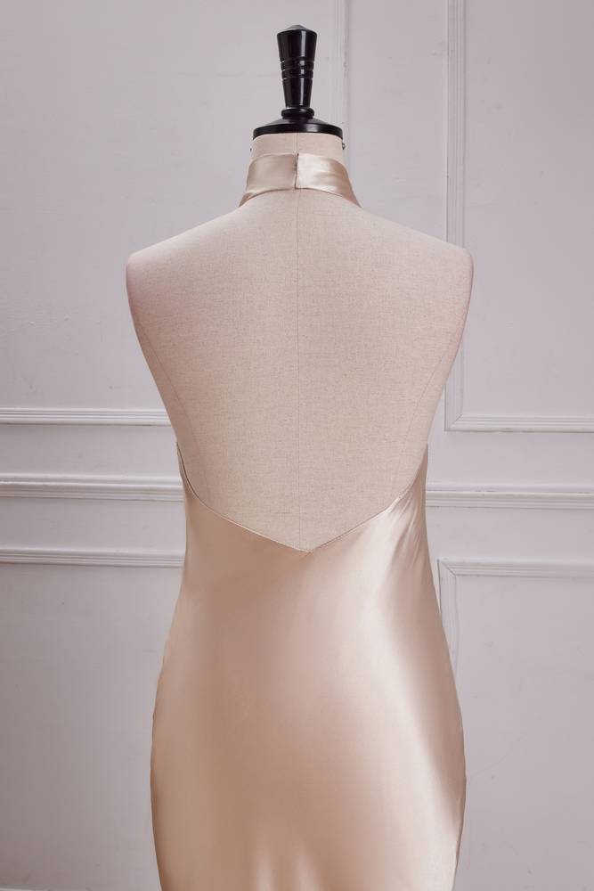 Champagne Halter Satin Sleeveless Mermaid Prom Dresses