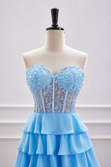 Sky Blue Tiered Strapless Chiffon A-Line Homecoming Dresses with Beads