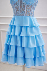 Sky Blue Tiered Strapless Chiffon A-Line Homecoming Dresses with Beads