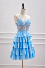 Sky Blue Tiered Strapless Chiffon A-Line Homecoming Dresses with Beads