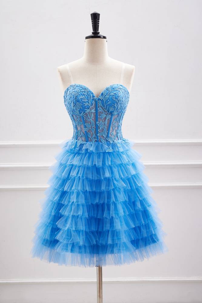 Ocean Blue Strapless Tiered Tulle Homecoming Dresses with Beads