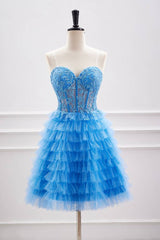 Ocean Blue Strapless Tiered Tulle Homecoming Dresses with Beads