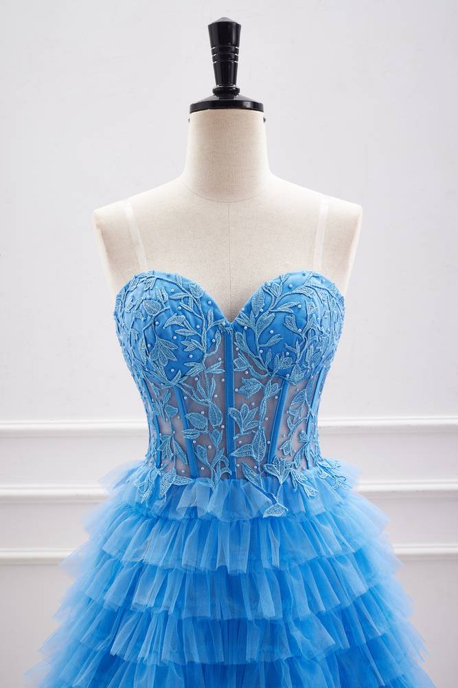 Ocean Blue Strapless Tiered Tulle Homecoming Dresses with Beads