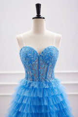 Ocean Blue Strapless Tiered Tulle Homecoming Dresses with Beads
