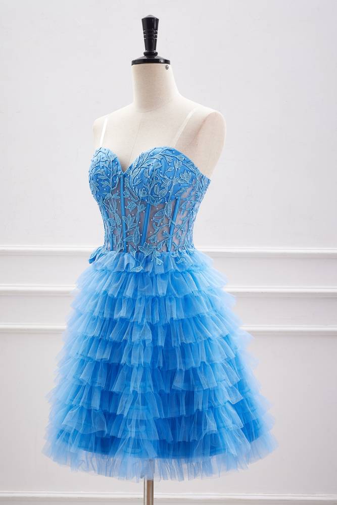 Ocean Blue Strapless Tiered Tulle Homecoming Dresses with Beads