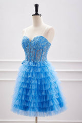 Ocean Blue Strapless Tiered Tulle Homecoming Dresses with Beads