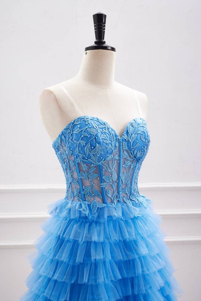Ocean Blue Strapless Tiered Tulle Homecoming Dresses with Beads