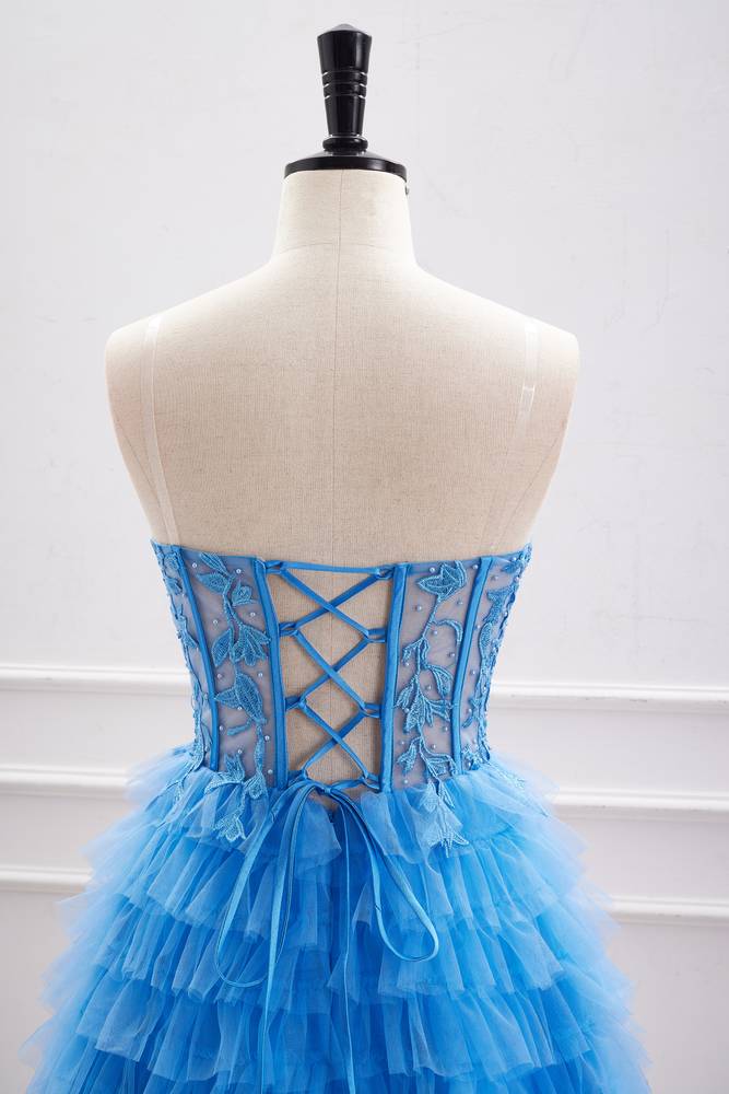 Ocean Blue Strapless Tiered Tulle Homecoming Dresses with Beads