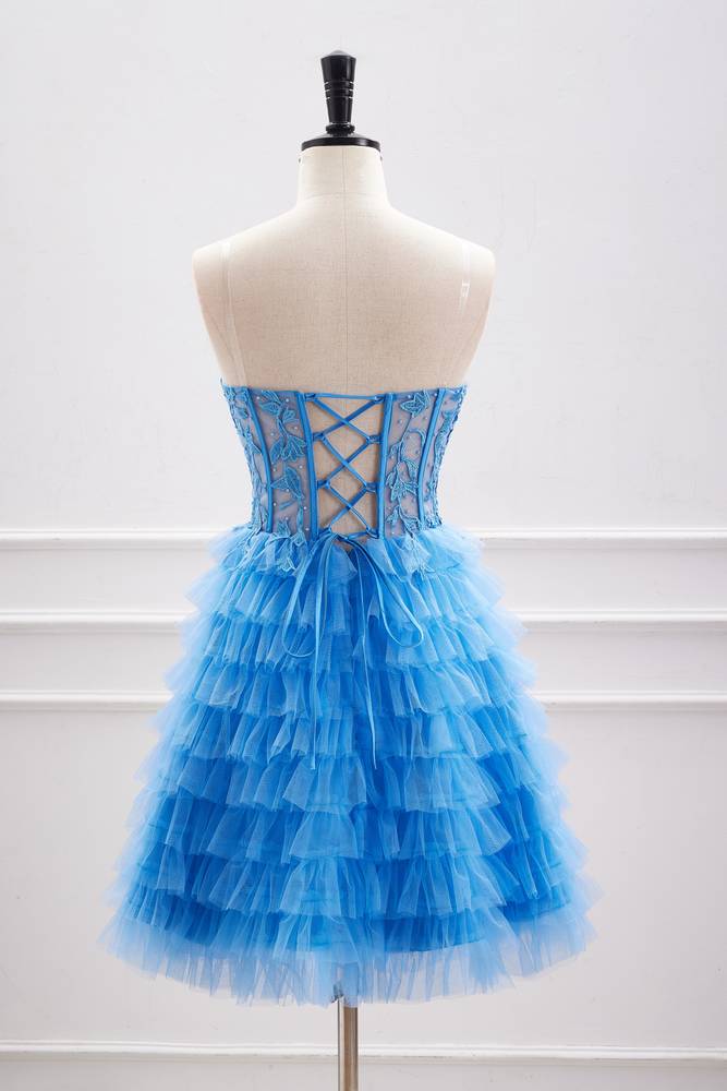 Ocean Blue Strapless Tiered Tulle Homecoming Dresses with Beads
