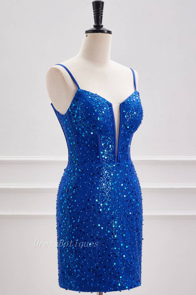 Royal Blue Deep V-Neck Sequined Homecoming Dresses with Beads