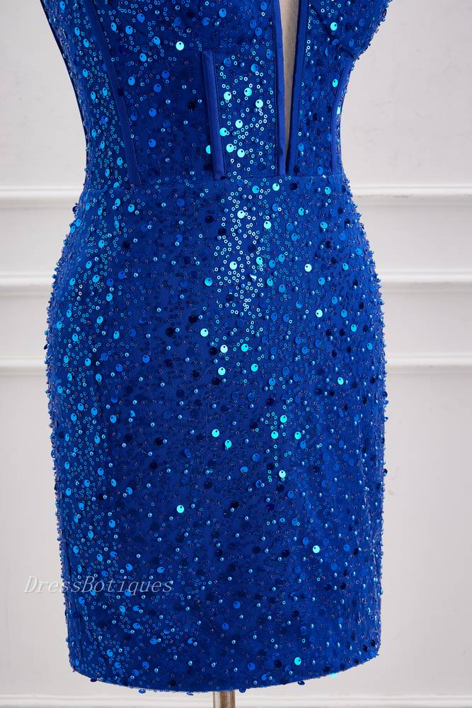 Royal Blue Deep V-Neck Sequined Homecoming Dresses with Beads