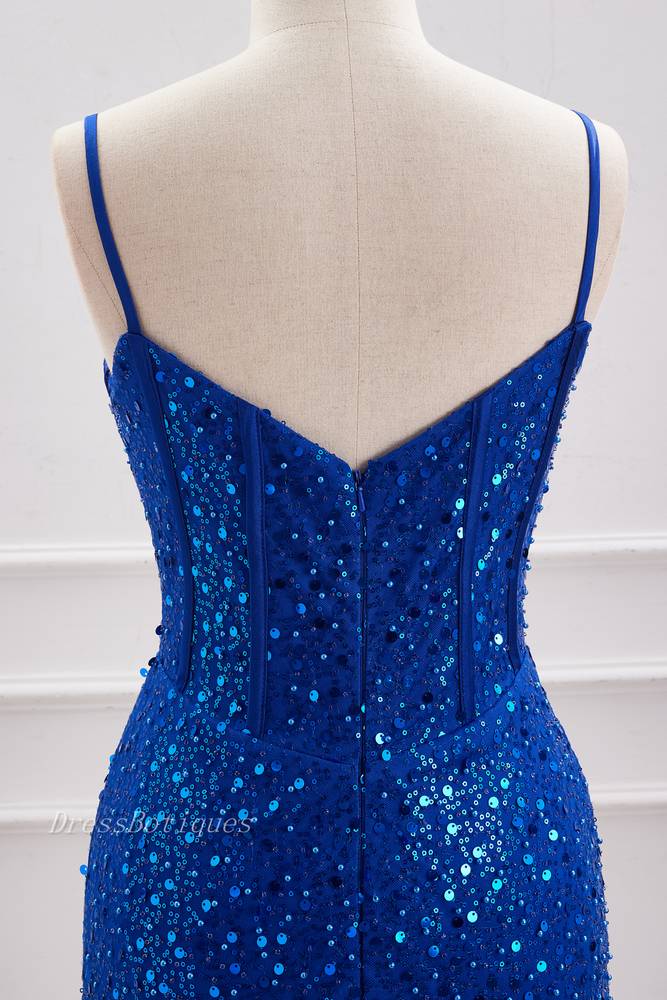 Royal Blue Deep V-Neck Sequined Homecoming Dresses with Beads