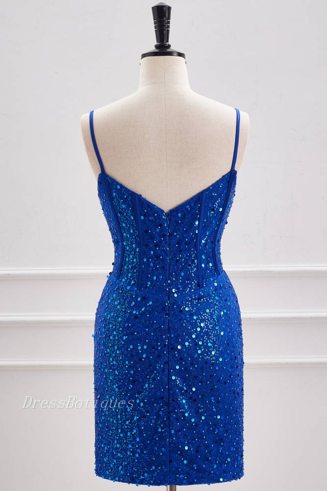 Royal Blue Deep V-Neck Sequined Homecoming Dresses with Beads