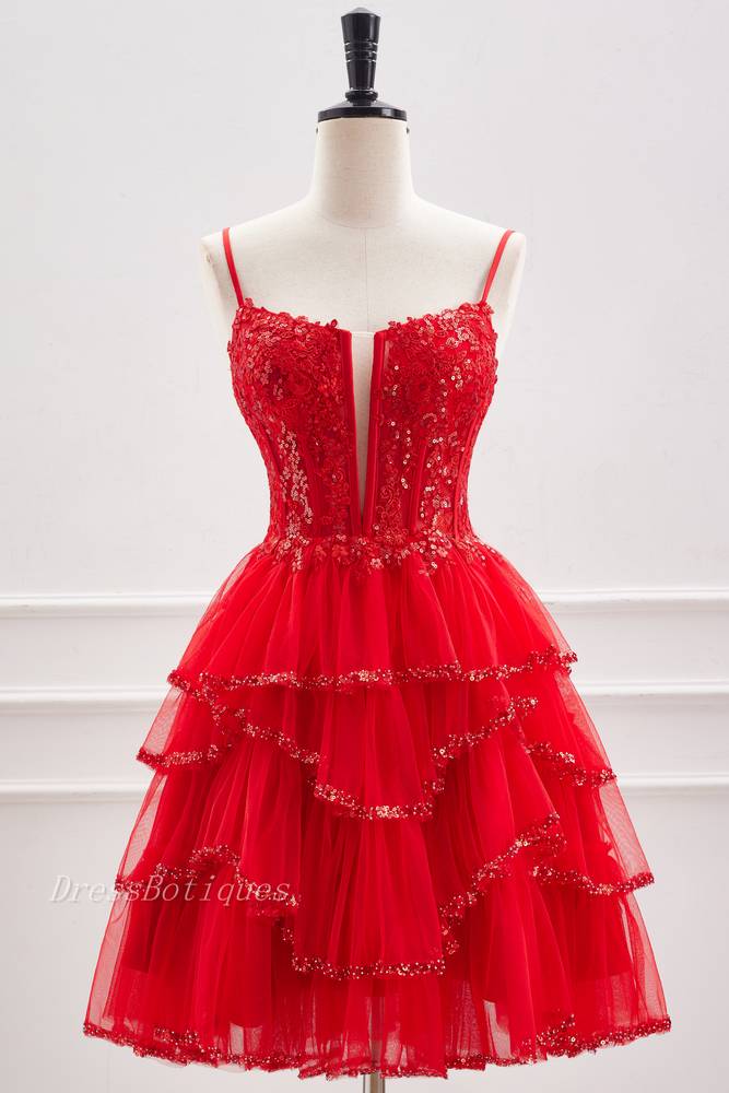 Red Spaghetti Straps Sequined Tulle Homecoming Dresses
