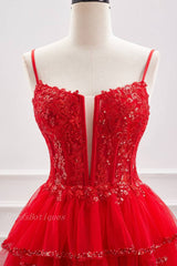 Red Spaghetti Straps Sequined Tulle Homecoming Dresses