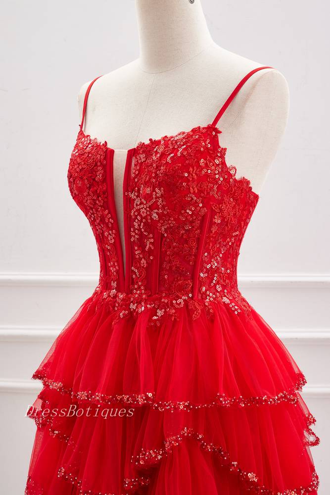 Red Spaghetti Straps Sequined Tulle Homecoming Dresses