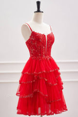 Red Spaghetti Straps Sequined Tulle Homecoming Dresses