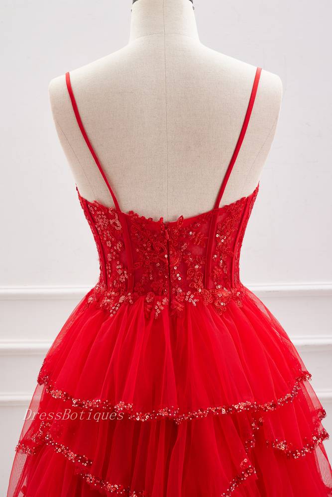 Red Spaghetti Straps Sequined Tulle Homecoming Dresses