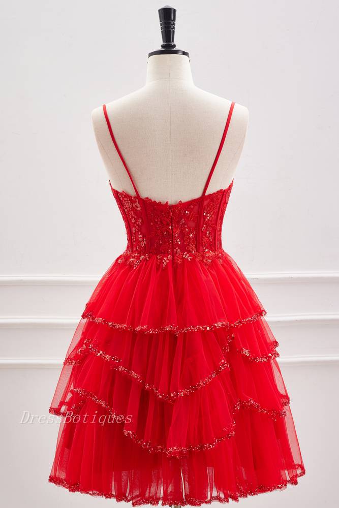 Red Spaghetti Straps Sequined Tulle Homecoming Dresses