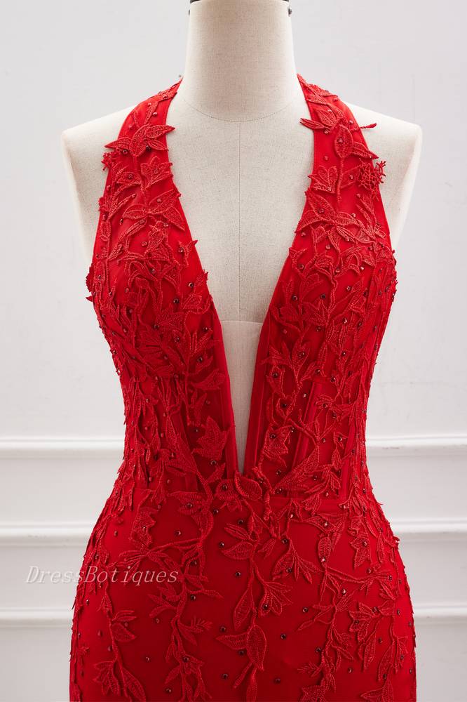 Red Beaded Halter Bodycon Homecoming Dresses with Appliques