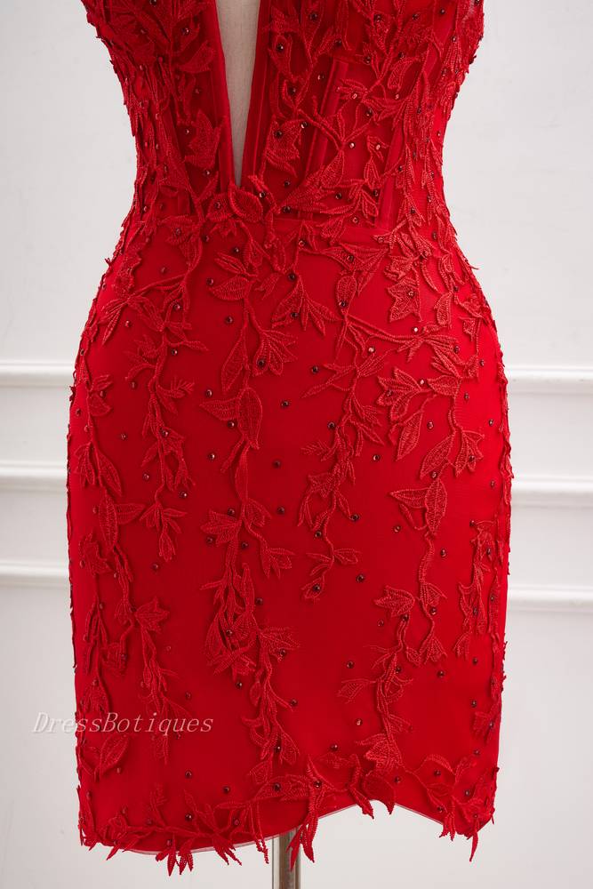 Red Beaded Halter Bodycon Homecoming Dresses with Appliques