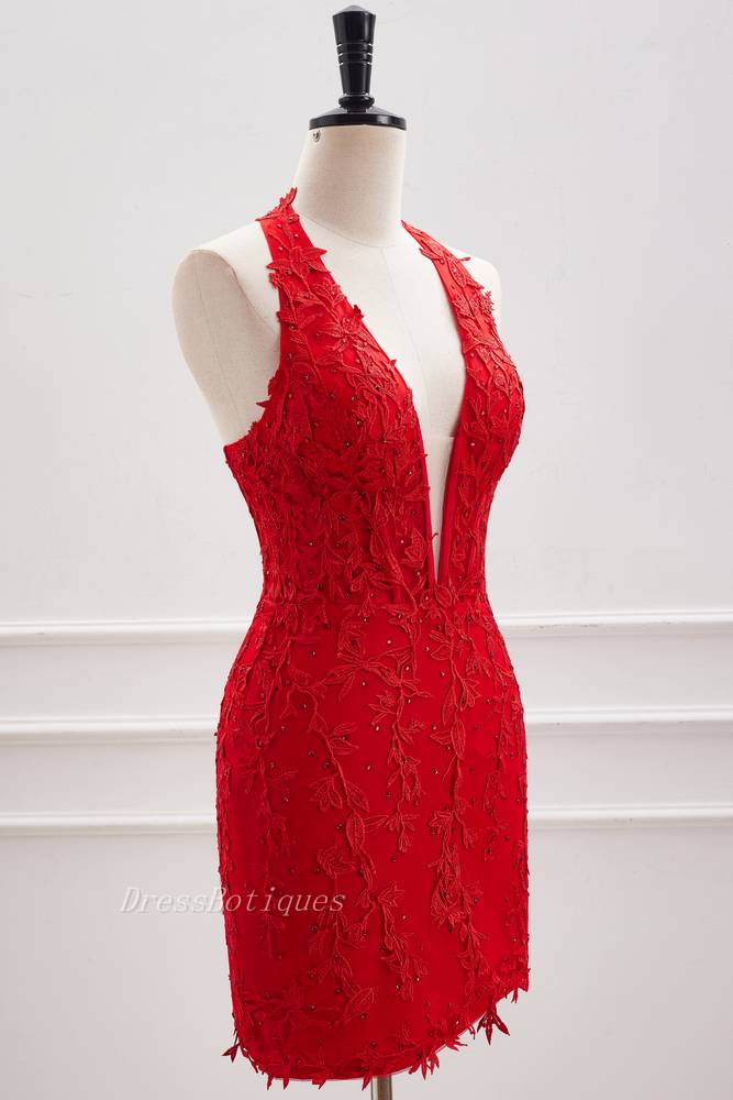 Red Beaded Halter Bodycon Homecoming Dresses with Appliques