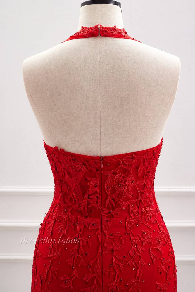 Red Beaded Halter Bodycon Homecoming Dresses with Appliques