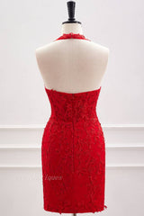Red Beaded Halter Bodycon Homecoming Dresses with Appliques