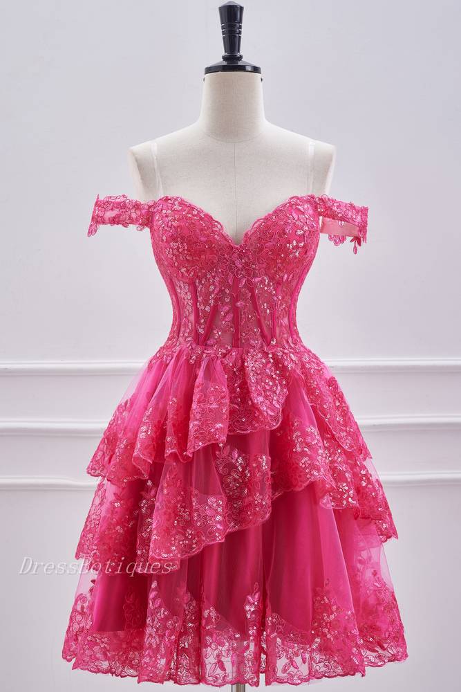 Fuchsia Off-The-Shoulder Sequined A-Line Lace Homecoming Dresses