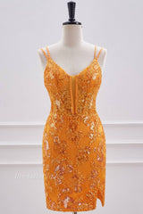 Turmeric V-Neck Criss Cross Straps Sequined Homecoming Dresses