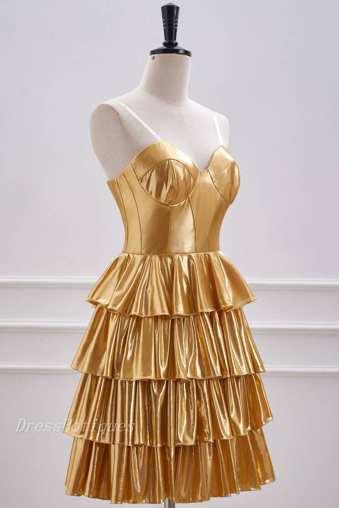 Gold Tiered Strapless Sweetheart A-Line Homecoming Dresses
