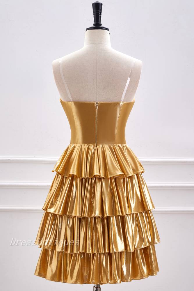 Gold Tiered Strapless Sweetheart A-Line Homecoming Dresses