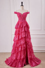 Fuchsia Off-The-Shoulder Tiered Sequined Party Dresses with Slit