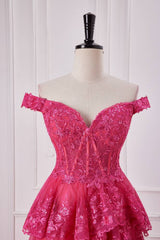 Fuchsia Off-The-Shoulder Tiered Sequined Party Dresses with Slit