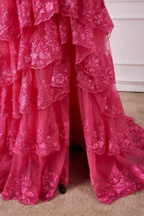 Fuchsia Off-The-Shoulder Tiered Sequined Party Dresses with Slit